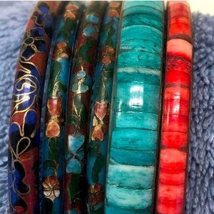 6 Vintage Inlaid & Cloisonné Bangles